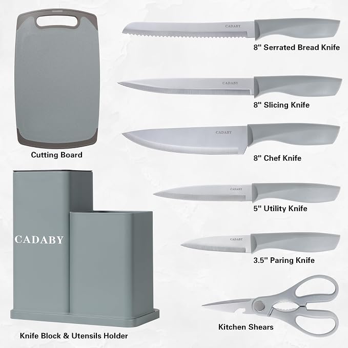 19 PCS Kitchen Cooking Utensils Set, 11 Pieces Silicone Cooking Utensils Set 6 Pieces Sharp Stainless Steel Gray Knife Set with 1 Piece Cutting Board, Ideal for Apartment