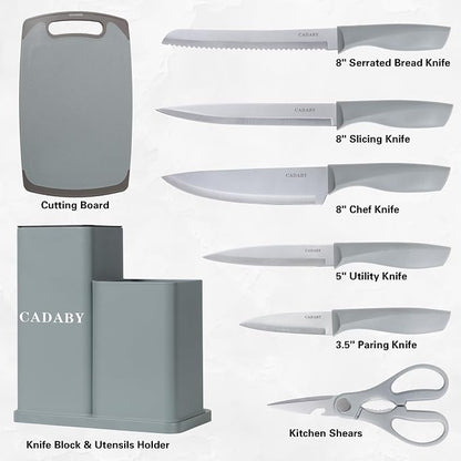 19 PCS Kitchen Cooking Utensils Set, 11 Pieces Silicone Cooking Utensils Set 6 Pieces Sharp Stainless Steel Gray Knife Set with 1 Piece Cutting Board, Ideal for Apartment