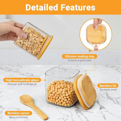 Square Glass Jars with Bamboo Lids, 12 Fl.oz Glass Storage Jars with Airtight Lids Set of 4, Clear Pantry Canister for Spice, Sugar, Coffee Bean, Tea, Oats - Included Labels, Marker and Spoon