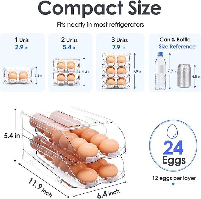 SMRCAD Egg Holder for Fridge, Automatic Steady Rolling Egg Container with Soft Bumpers & Handle for Refrigerator, Stackable Fridge Organizers and Storage with Lid