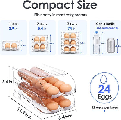 SMRCAD Egg Holder for Fridge, Automatic Steady Rolling Egg Container with Soft Bumpers & Handle for Refrigerator, Stackable Fridge Organizers and Storage with Lid