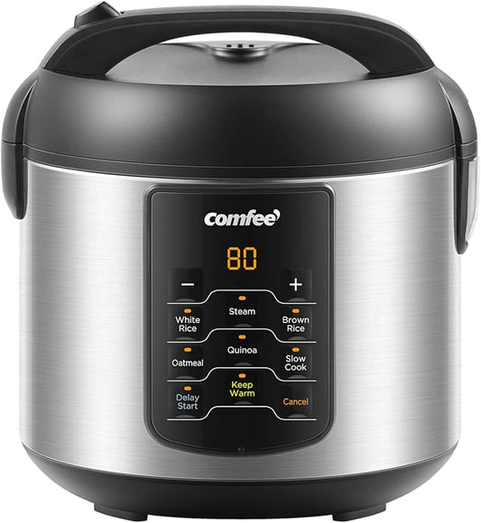 COMFEE' Rice Cooker Upgraded, 6-in-1 Stainless Steel Multi Cooker, Slow Cooker, Steamer, Saute, and Warmer, 2 QT, 8 Cups Cooked(4 Cups Uncooked), Brown Rice, Quinoa and Oatmeal, 6 One-Touch Programs