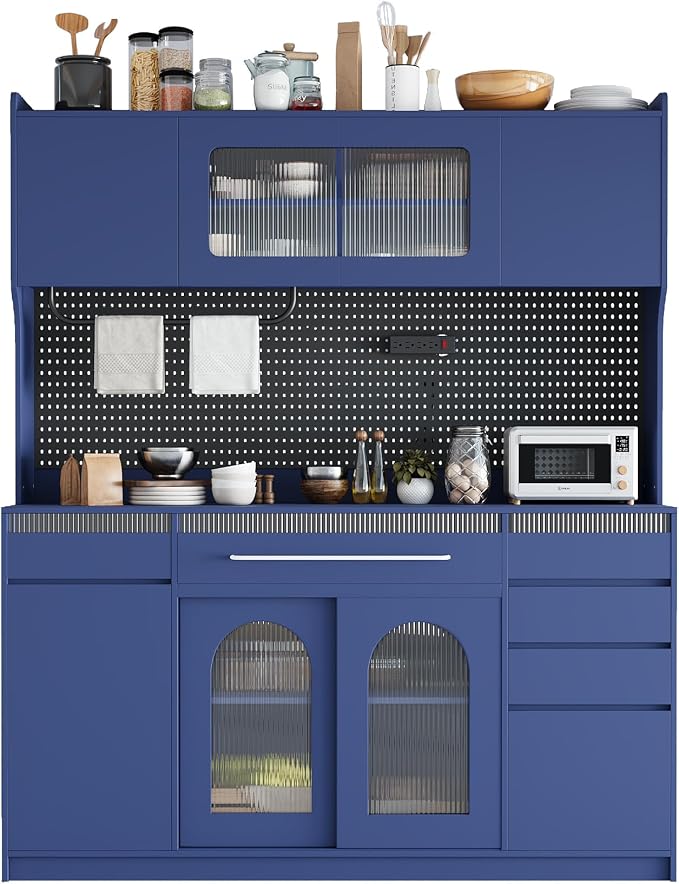 VilroCaz Freestanding Large Kitchen Pantry, Wooden Kitchen Large Coffee Bar Storage Cabinet with 6 Drawers, 5 Cabinets with Adjustable Shelves, Pegboard, Towel Rack, Power Outlet