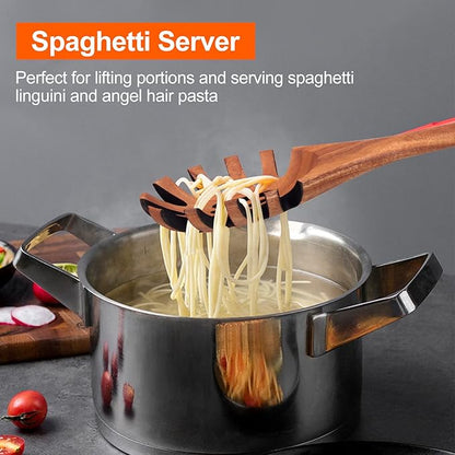 Wooden Pasta Spoon with Teeth Spaghetti Fork Tongs 12.5 Inch Pasta Forks Serving Utensils Acacia Wood Spaghetti Server Spoons Ladle Pastas Spatula Kitchen Tool Spaghettis Scoop Strainer Noodle Spoon