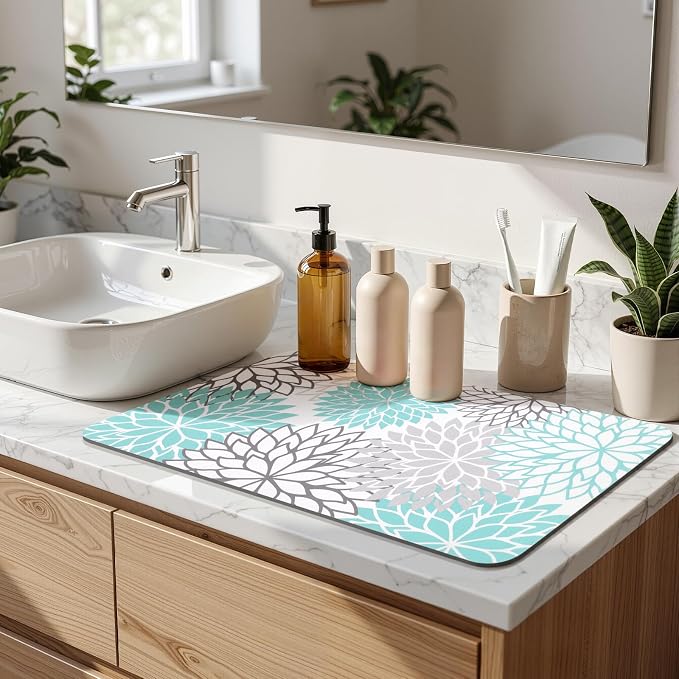 Findosom 2PCS 16" x 24" Dish Drying Mat & 24" x 5.5" Sink Splash Guard, Super Absorbent & Cuttable Dish Mat Drying Kitchen Mat with Teal Floral, Hide Stain Drying Mat for Kitchen Counter