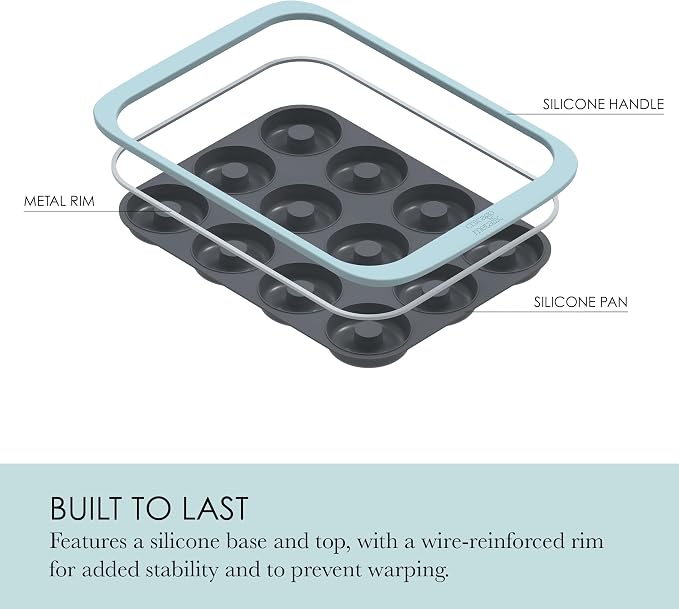 Chicago Metallic Silicone Donut Pan, 12 Cup Blue Nonstick Baking Pan for Donuts, Bagels and More, Wire-Reinforced Rim, Oven Safe to 428F, 14.6 x 10 x 1.4 Inches