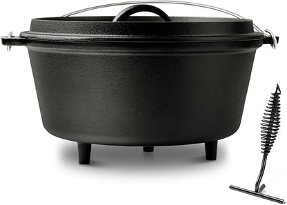 Pre-Seasoned Cast Iron 8QT Camp Dutch Oven with Lid, Large Camping Dutch Oven Pot, incl. Lid Lifter - Dual Handles - for Outdoor Campfire, Grill, Oven & Stovetop Cooking-Black