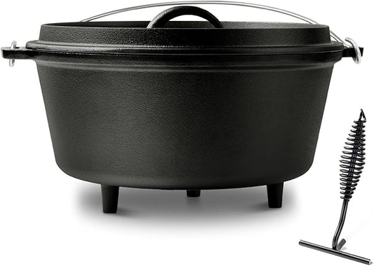 Pre-Seasoned Cast Iron 8QT Camp Dutch Oven with Lid, Large Camping Dutch Oven Pot, incl. Lid Lifter - Dual Handles - for Outdoor Campfire, Grill, Oven & Stovetop Cooking-Black