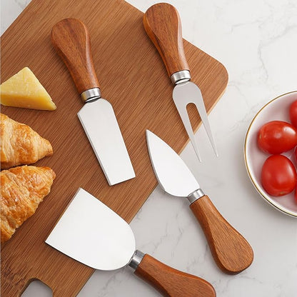 YUANQIAN Cheese Knife Set with Acacia Wood Handles - Cheese Knife, Spreader, Fork, Slicer - Mini Stainless Steel Cheese Tools for Charcuterie Boards (4Pcs/Set, S)