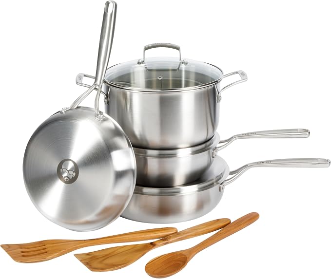 Babish 10-Piece Professional Tri-Ply Non-Toxic Pots and Pans Cookware Set – Durable, Even Heat Distribution for Cooking and Baking