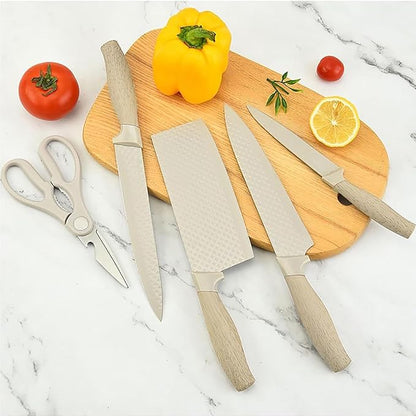 Luxury Aesthetic Kitchen Knife Set with Holder,6Pcs Beige Knife Set with Wood Grain Handle,Stainless Steel Chef Knives and Scissors,Gift for Cooking