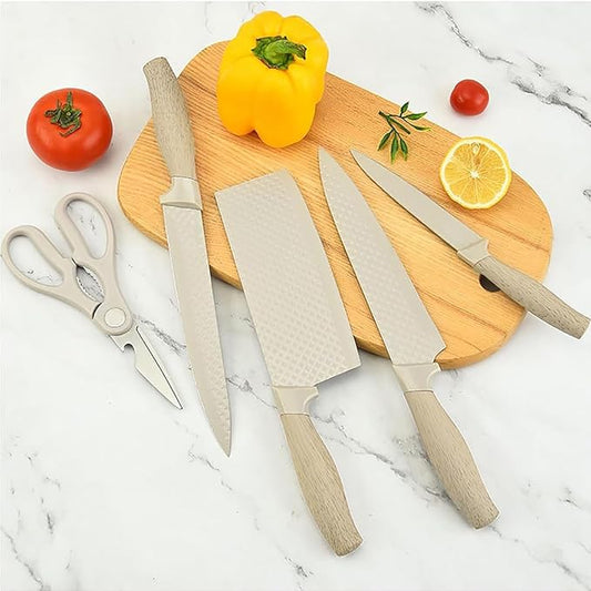 Luxury Aesthetic Kitchen Knife Set with Holder,6Pcs Beige Knife Set with Wood Grain Handle,Stainless Steel Chef Knives and Scissors,Gift for Cooking