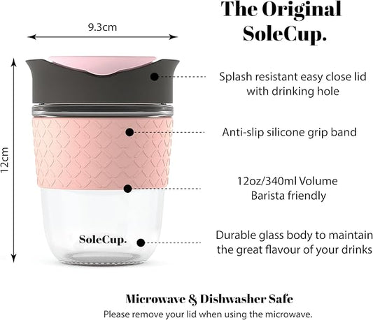 Reusable Strengthened Glass Travel Cup - Spill Proof Coffee Mug - 12oz/340ml BPA-Free Hot Drink Travel Mug with Lid & Silicone Band (Gray and Pink, 12oz)