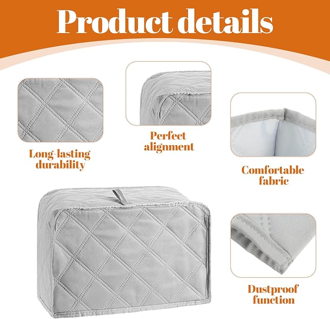 2 Slice Toaster Cover, Quilted Toaster Dust Cover with Perfect Fit for Most Models, Breathable Polyester Fabric, Easy to Clean (Gray, 1 Pack)