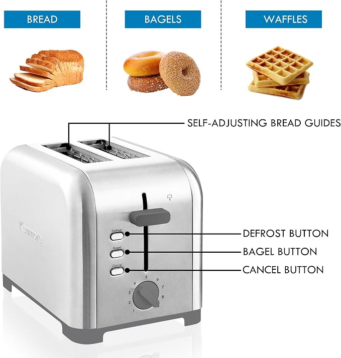Kenmore 2-Slice Toaster, Stainless Steel, Extra Wide Slots, Bagel and Defrost Functions, 9 Browning Levels, Removable Crumb Tray, for Bread, Toast, English Muffin, Toaster Strudel