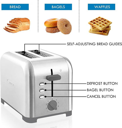 Kenmore 2-Slice Toaster, Stainless Steel, Extra Wide Slots, Bagel and Defrost Functions, 9 Browning Levels, Removable Crumb Tray, for Bread, Toast, English Muffin, Toaster Strudel