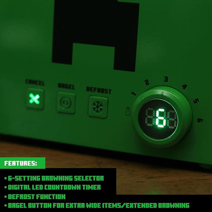 Minecraft Green Creeper 2-Slice Toaster For Bagels, Waffles, and Breads | Features 6 Settings With Defrost Option | Imprints Creeper Symbol On Bread