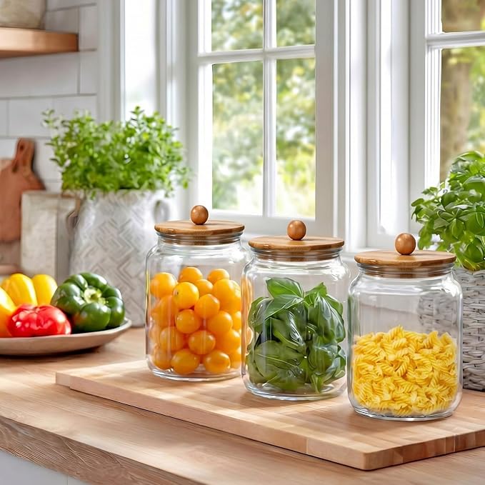 Suclain 2 Pack 68 oz Glass Storage Jars with Airtight Knob Bamboo Lid Thick Food Canister with Seal Clear Food Storage Container for Kitchen Flour Sugar Cookies Coffee Bean Pantry Organization