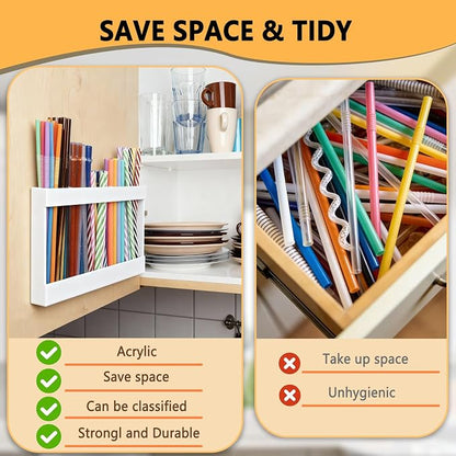 NTIERA 9.5" Large Acrylic Straw Holder for Cabinet Door-Reusable Tumbler Straw Organizer Storage,Small Kitchen Organizers and Storage Accessories Container, Ultra Sticky Cupboard Door Mounted(White)