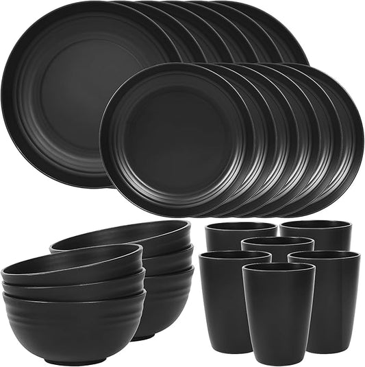 Quatish 24 Piece Plates and Bowls Sets for 6, Unbreakable Dinnerware Sets, Dish Set for Camping, Dishwasher Microwave Safe, Outdoor Kitchen and Apartment Dorm Dinning RV Essentials, Black