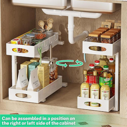 2-Pack Under Sink Organizer, 2-Tier Pull Out Baskets, White | Rustproof carbon steel, 2 tier mesh sliding drawers, Height adjustable to bypass pipes, For kitchen, bathroom, laundry