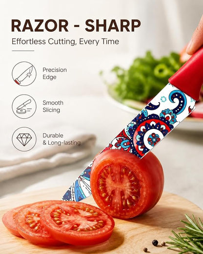 Astercook Paisley Pattern Knife Set with Cover, Dishwasher Safe Colorful Knives with 6 Knife Sheath, German Stainless Steel Rainbow Knife Set