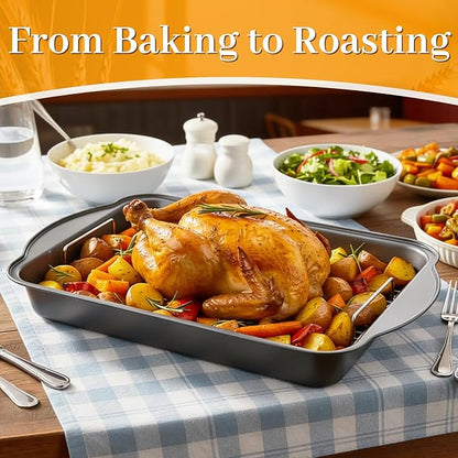 6PCS Deep Baking Pan Set - 17.5 x 9.4 Inch Baking Pans with Cooling Racks & Oven Mitts, Heavy Duty Roasting Pan with Wide Handles, Nonstick Oven Pan for Brownies, Biscuits, and Cake, Black