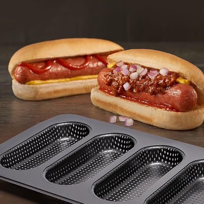 Yomvzake Hot Dot Bun Pan Set of 2, Perforated Carbon Steel Non-Stick Hotdog Bun Mold Bread Forms Crispy Mini Baguette Sandwich Baking Tray for Hot Dog Bun Rolls