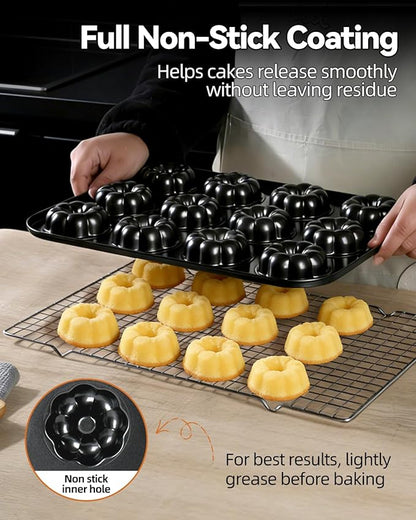 2 Pack Mini Bundt Cake Pans for Baking, 12-Cavity Nonstick Mini Bundtlette Baking Mold, Heavy-Duty Carbon Steel, Oven-Safe to 450℉ Versatile Fluted Bake Pan for Muffins, Brownies, Cupcakes, Mini Cakes