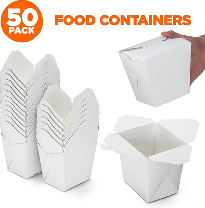 Fit Meal Prep 50 Pack Chinese Take Out Boxes - 32 oz Plain White Chinese Food Containers for To Go Asian Meals - Chinese Food Boxes for Noodles, Rice - Takeout Packaging for Business and Home Use