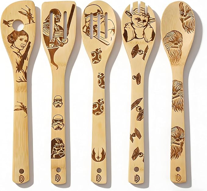 5 PCS Star Cooking Spoons - Burned Wooden Spoon Carved, Organic Bamboo Utensils, Star Gifts for Women Premium Quality Cooking Gifts for Housewarming and Wedding