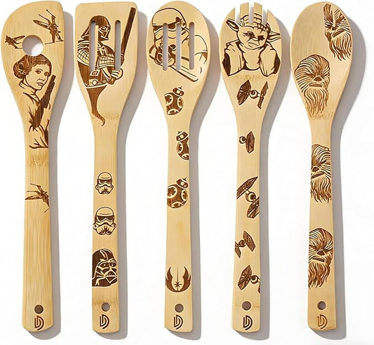 5 PCS Star Cooking Spoons - Burned Wooden Spoon Carved, Organic Bamboo Utensils, Star Gifts for Women Premium Quality Cooking Gifts for Housewarming and Wedding