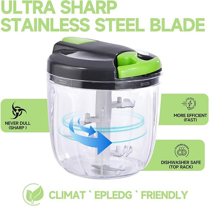Manual Food Processor Vegetable Chopper, Portable Hand Pull String Garlic Mincer Onion Cutter for Veggies, Ginger, Fruits, Nuts, Herbs, etc., （900ml,Gray-green）