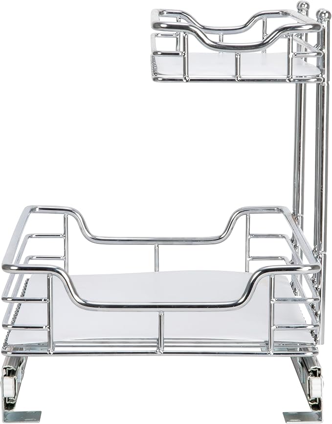 Household Essentials Glidez Chrome-Plated Steel Pull-Out/Slide-Out Storage Organizer with Plastic Liners for Under Sink or Cabinet Use - 2-Tier Design - Fits Standard Size Cabinet or Shelf, Chrome