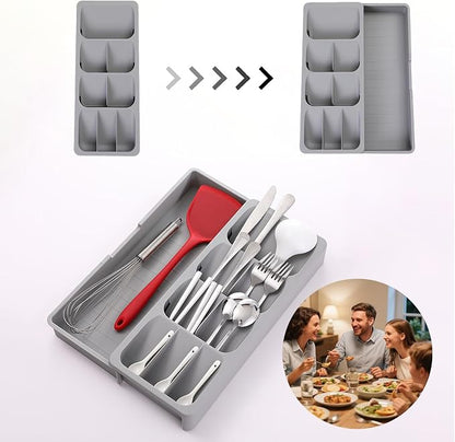 Expandable Kitchen Drawer Organizer Tray, 15.9×10.3×2.2in,Adjustable Silverware Storage for Spoons,Forks,Knives, Compact Cutlery Holder Saves Space(Grey)