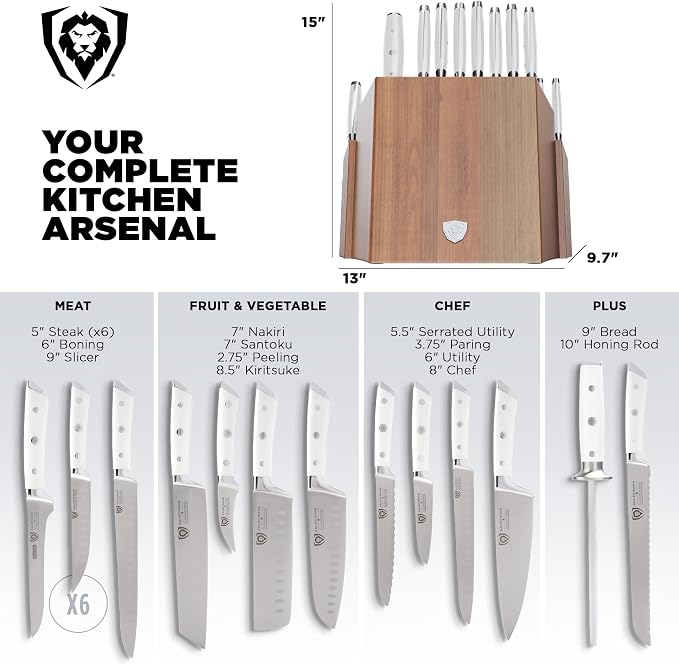 Dalstrong 18-Piece Gladiator Colossal Knife Block Set (White Handles) — German High-Carbon Steel, Full-Tang, Hand-Sharpened — For Home Chefs, Wedding Registries & Serious Kitchens — Acacia Block, NSF