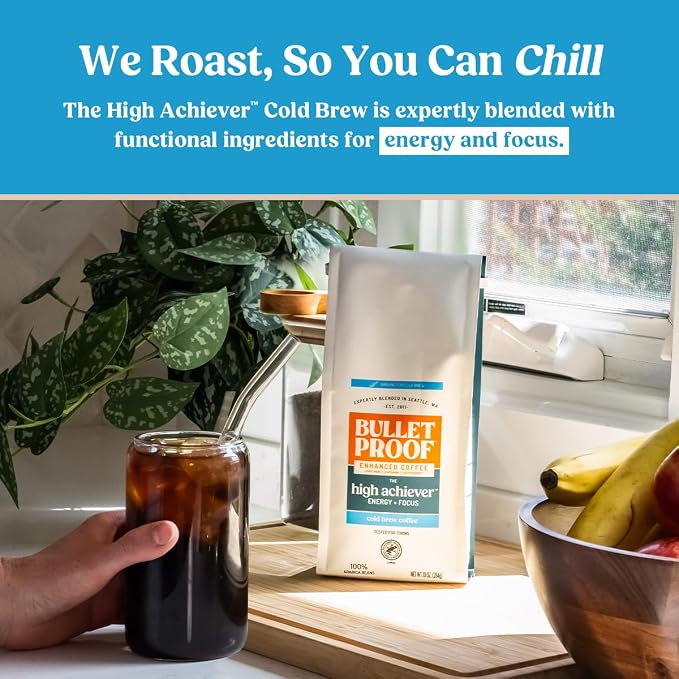 Bulletproof The High Achiever Coarse Ground Cold Brew Coffee, 10 Ounces, Medium-Dark Roast Enhanced Coffee with Lion's Mane Mushroom, B Vitamins, and Adaptogens for Energy and Focus (Pack of 2)