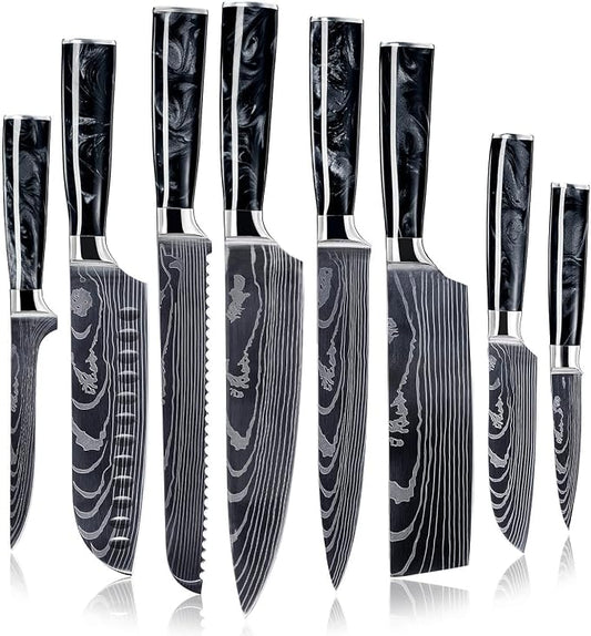 SENKEN 8-Piece Japanese Knife Set - Black Resin Handle, Laser Damascus Pattern - Onyx Collection - Chef's Knife, Cleaver, Santoku, Bread & Paring Knives