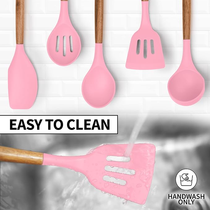Zulay Kitchen Non-Stick Cooking Utensils Set with Authentic Acacia Wood Handles – 5-Piece Durable & Stylish Silicone Kitchen Utensils Set – Heat Resistant to 464°F – Pink