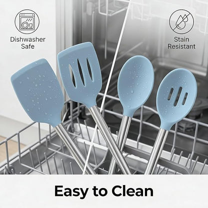 Vayvnt 4PCS Kitchen Utensils Set, Heat Resistant Silicone Utensils Set for Cooking, Non Scratch Spatula Spoons for Non Stick Pan, Large Kitchen Cooking Tools, Metal Long Handle&Dishwasher Safe, Blue
