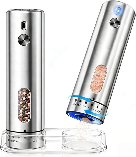 Rechargeable Electric Salt and Pepper Grinder Set - Mess-Free External Adjustable Coarseness, Stainless Steel Automatic Pepper Mill and Salt Grinder with Storage Base, Large Capacity, LED Light, USB-C
