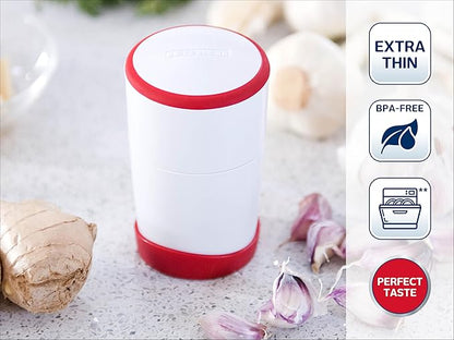 Leifheit Gourmet Garlic Slicer, Stainless Steel Blades, ABS Plastic Body, Twist-to-Slice Design, Safe for Garlic, Ginger, Cheese, Chocolate, Dishwasher Safe, German Quality, White/Red