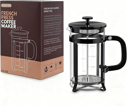QUQIYSO French Press Coffee Maker 304 Stainless Steel French Press with 4 Filter, Heat Resistant Durable, Easy to Clean, Borosilicate Glass Coffee Press, 100% BPA Free Glass Teapot,34 ounce, Black