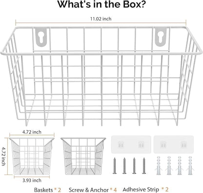 MaraFansie Hanging Wire Baskets Kitchen Storage Basket Adhesive and Screws Basket Over the Cabinet Door Organizer with Adhesive Strips and Screws Accessories, 2 Installations, 2 Pack, White
