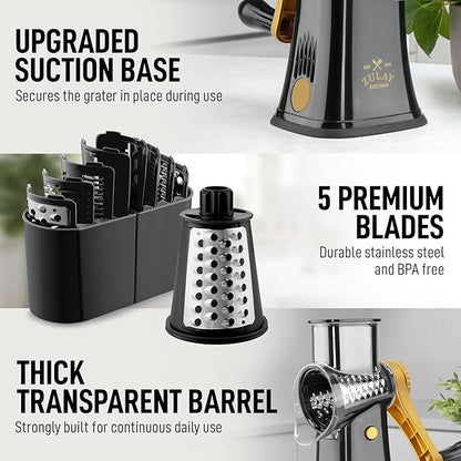 Zulay Kitchen Rotary Cheese Grater 5 Blade Cheese Shredder - Manual Hand Crank Cheese Grater With Reinforced Suction & 5 Interchangeable Drums - Easy to Use, Vegetable Chopper Round Mandoline Slicer
