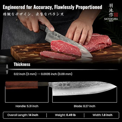 Japanese Chef Knife, Professional Kitchen Knives with VG10 Steel Core, 8.27 Inch Handcrafted Gyuto Knife with Ergonomic Rosewood Handle & Wooden Gift Box, Ultra Sharp Cooking Gifts for Chefs Men Women