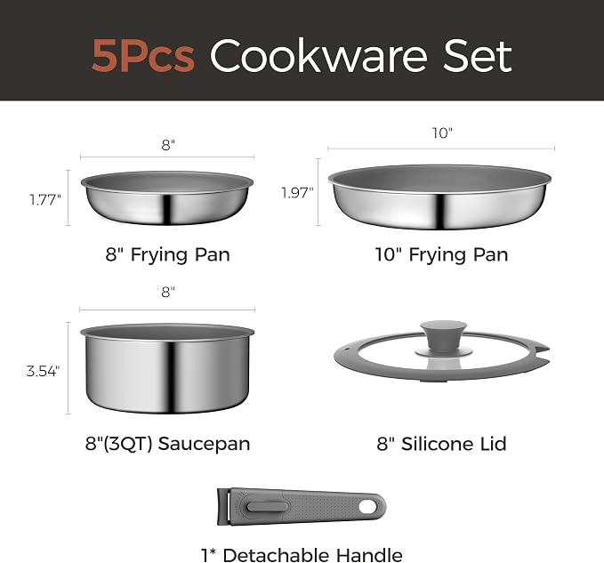 5PCS Pots and Pans Set Non Stick, Diamond-Titanium Ceramic Cookware Set & 3 Layer Stainless Steel with Detachable Handle, Induction Cookware, Non Toxic Oven/Dishwasher Safe, Gray