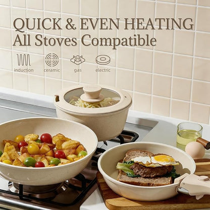Ceramic Cookware Set Non Stick 8Pcs Pots and Pans Set Detachable Handle Induction Kitchen Cooking Set with Frying Pans Oven Dishwasher Safe, PFAS/PFOA Free, Cream White