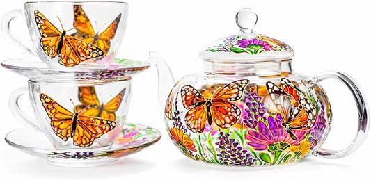 Butterflies and Flowers Teapot with 2 Cups and Saucers - Wedding Gift for Mom - Elegant Tea Set Women Hand Painted Personalized Mother's Day Gift, Luxurious Tea Accessories Tea Party Gift