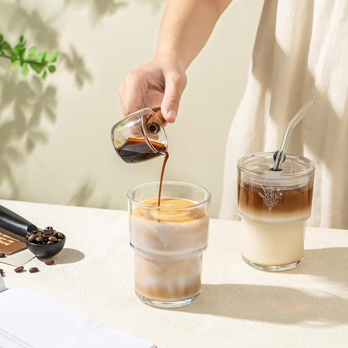 Olvini Mothers Day Gifts For Mom 13oz Glass Tumbler with Straw and Lid, Reusable Iced Coffee Cup Tumbler, Cute Glass Cups for Water, Matcha, Travel Coffee Mugs (Wildflower- 13oz)